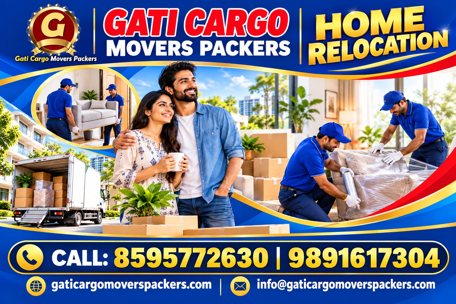 Gati Cargo Movers Packers promotional banner showing a family moving home, careful furniture packing and a moving truck. Contact 8595772630 or 9891617304.