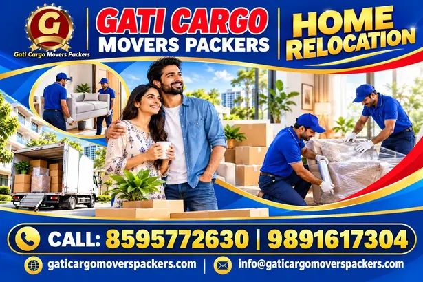 Gati Cargo Movers Packers promotional banner showing a family moving home, careful furniture packing and a moving truck. Contact 8595772630 or 9891617304.
