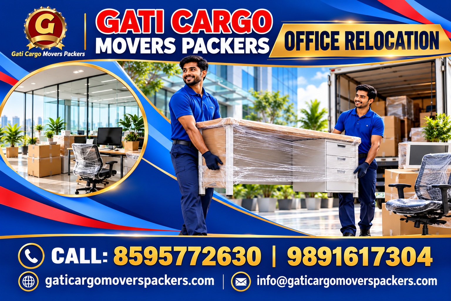 Gati Cargo Movers Packers promotional banner showing office packing, wrapped furniture and an office moving team. Contact 8595772630 or 9891617304.