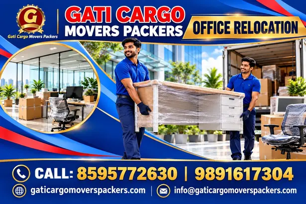 Gati Cargo Movers Packers promotional banner showing office packing, wrapped furniture and an office moving team. Contact 8595772630 or 9891617304.