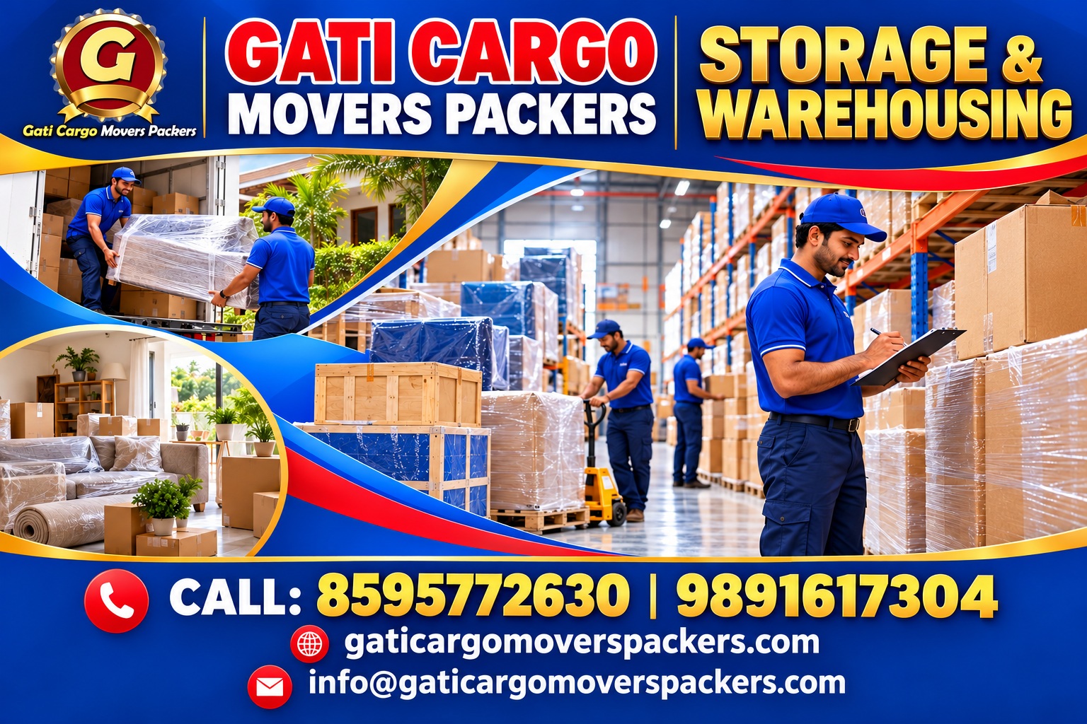 Gati Cargo Movers Packers promotional banner showing warehouse storage, inventory checks and packed household goods. Contact 8595772630 or 9891617304.