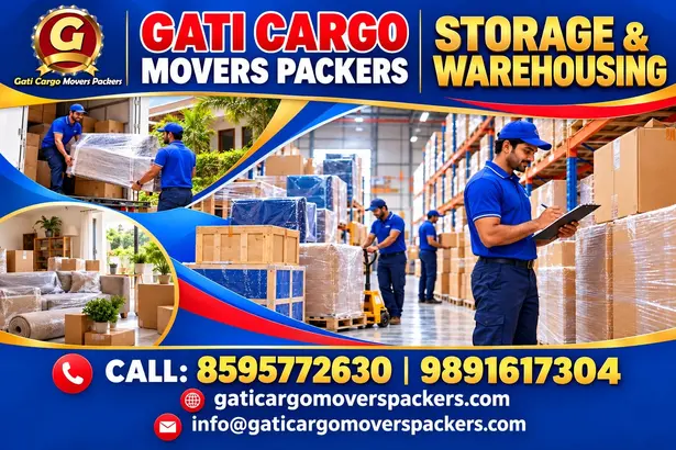 Gati Cargo Movers Packers promotional banner showing warehouse storage, inventory checks and packed household goods. Contact 8595772630 or 9891617304.