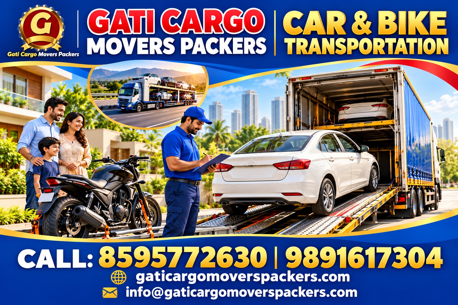 Gati Cargo Movers Packers promotional banner showing car and motorcycle transport with a vehicle handover. Contact 8595772630 or 9891617304.