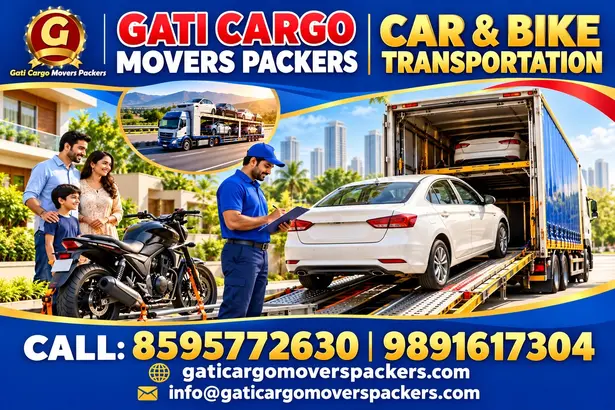 Gati Cargo Movers Packers promotional banner showing car and motorcycle transport with a vehicle handover. Contact 8595772630 or 9891617304.
